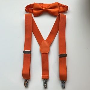 Kids orange clip on suspenders and bow tie. Blippi orange